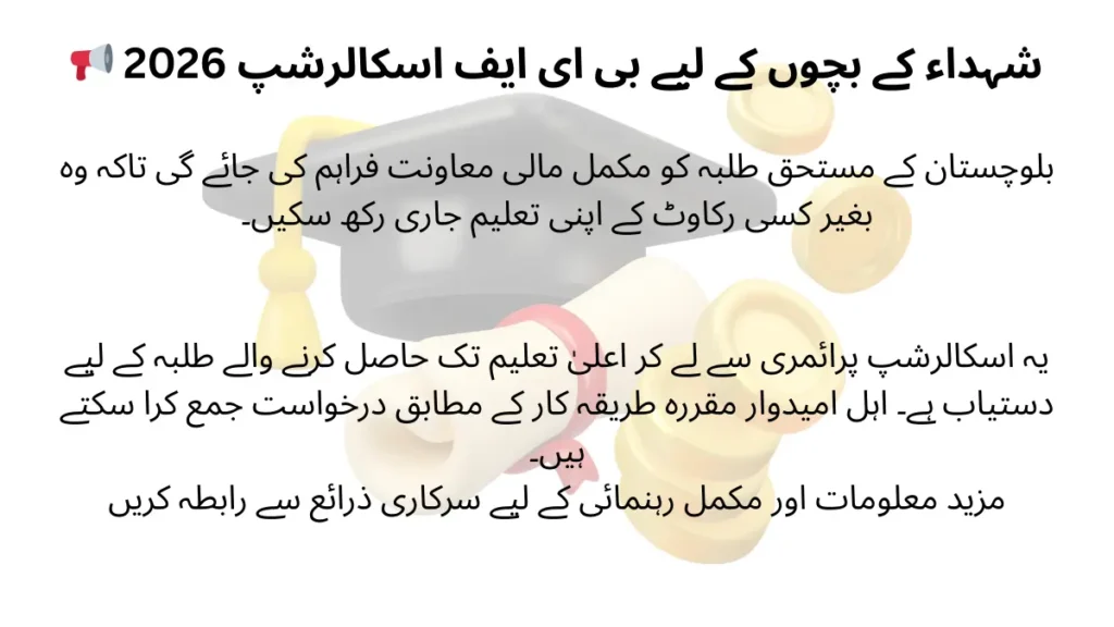 Scholarship 2026 for children of martyrs in Balochistan supporting students from primary to higher education
