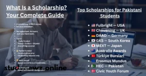 Infographic showing types of scholarships and top scholarships available for Pakistani students in 2026